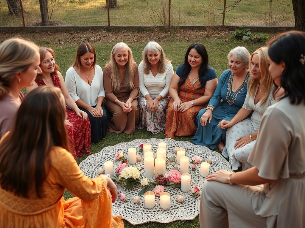 Círculo de mulheres em ritual de conexão com o sagrado feminino