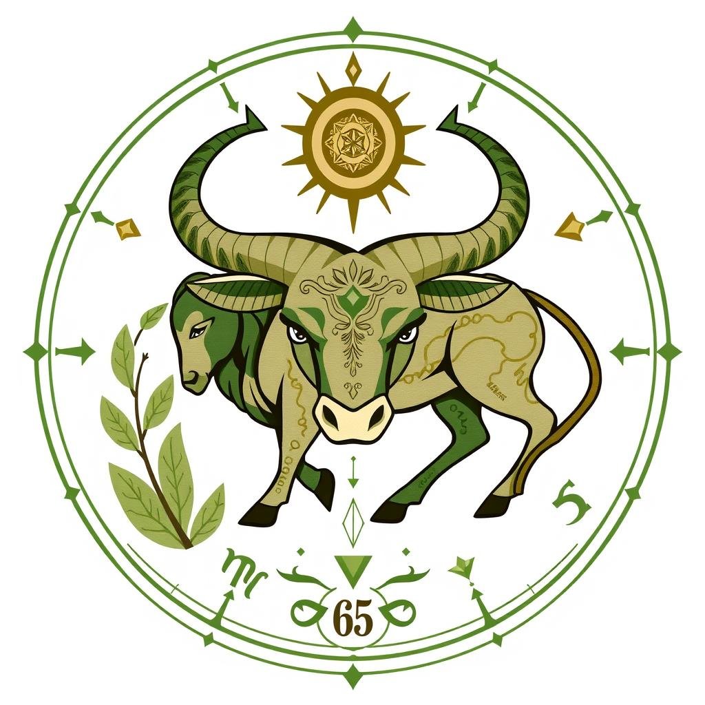 Símbolo de Touro com elementos que representam o horoscopo mensal para este signo