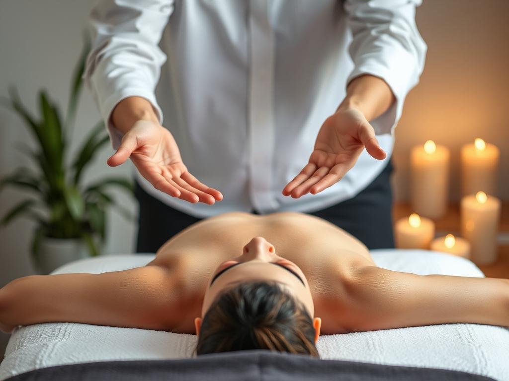 Mãos de terapeuta de Reiki canalizando energia para paciente