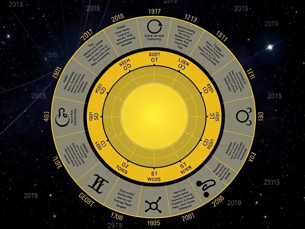 Representação visual de um ano astrológico com os trânsitos planetários principais