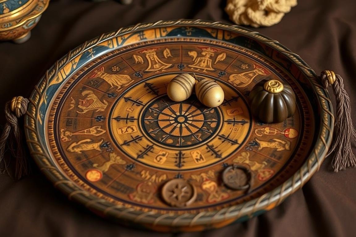 Sistema oracular de Ifá com tabuleiro de adivinhação e símbolos sagrados