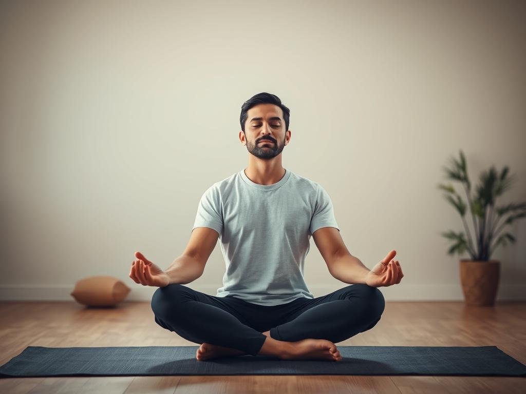 Pessoa em prática meditativa profunda com postura estável e expressão serena