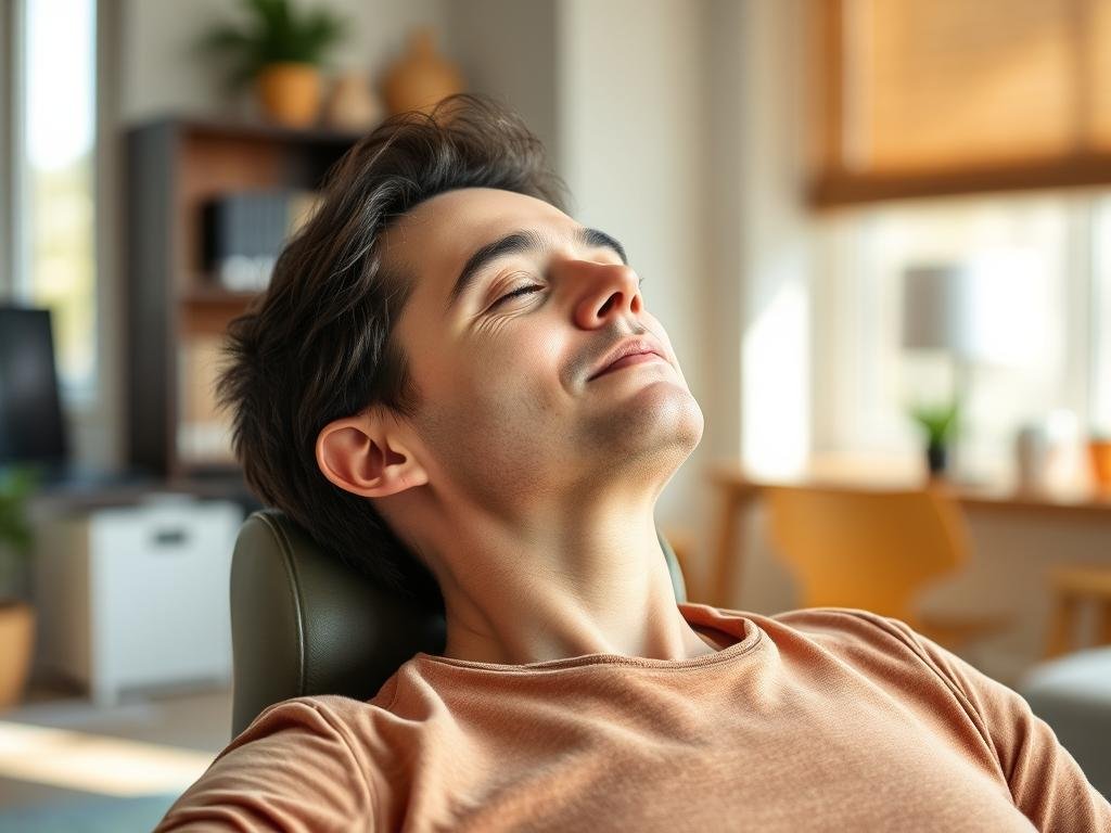 Pessoa em pausa restaurativa breve com postura de relaxamento consciente