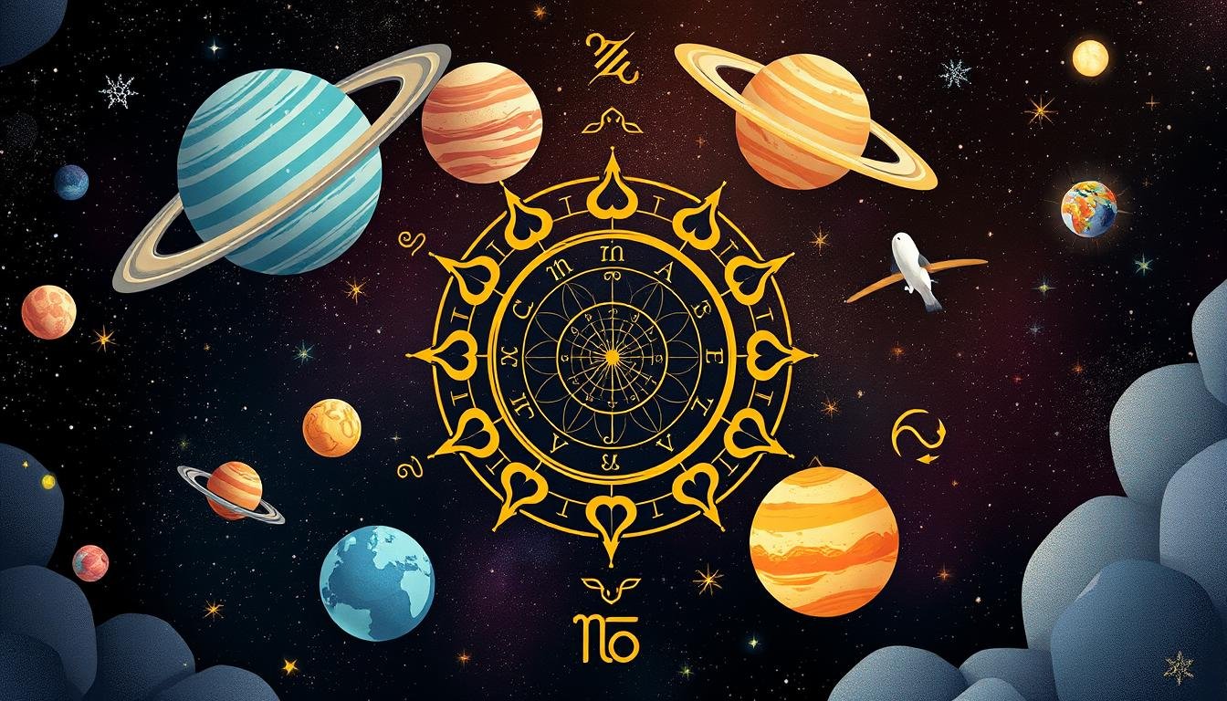Representação visual dos temas principais do horoscopo mensal com símbolos astrológicos