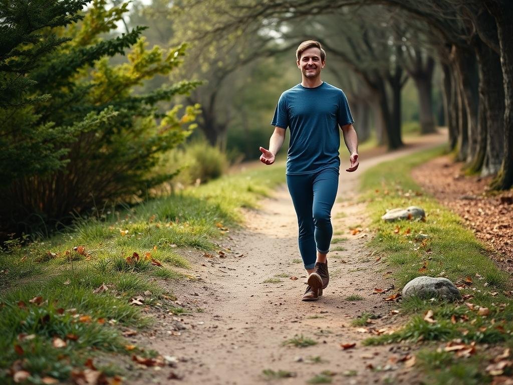 Pessoa praticando caminhada consciente em trilha natural com plena atenção