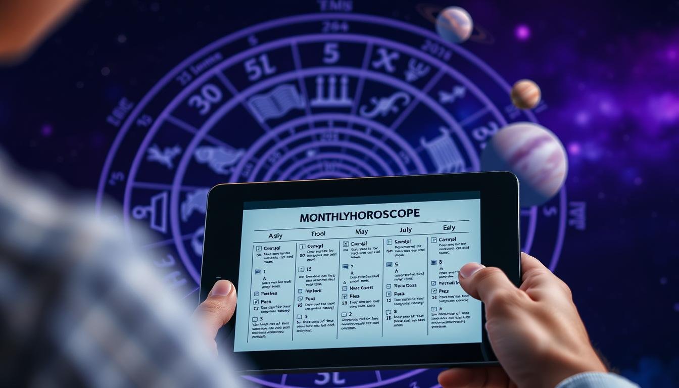 Pessoa consultando horoscopo mensal em um tablet com mapa astral e planetas ao fundo