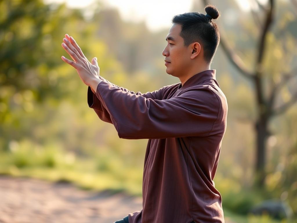 Pessoa praticando movimento fluido de Qi Gong com foco na energia vital