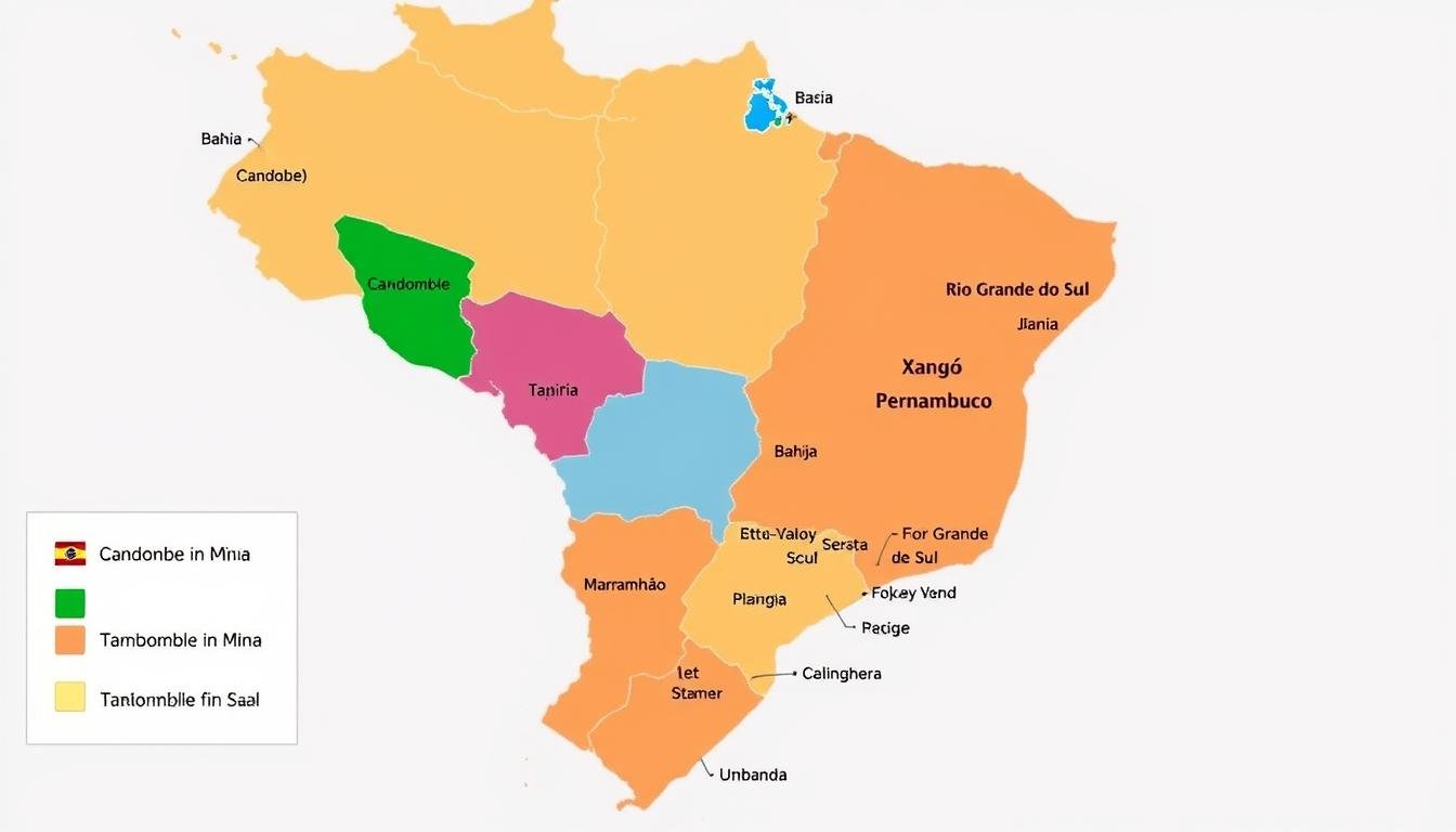 Mapa do Brasil mostrando a distribuição geográfica das principais religiões de matriz africana