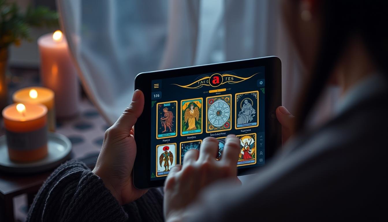 Pessoa consultando jogos de tarot grátis em um tablet