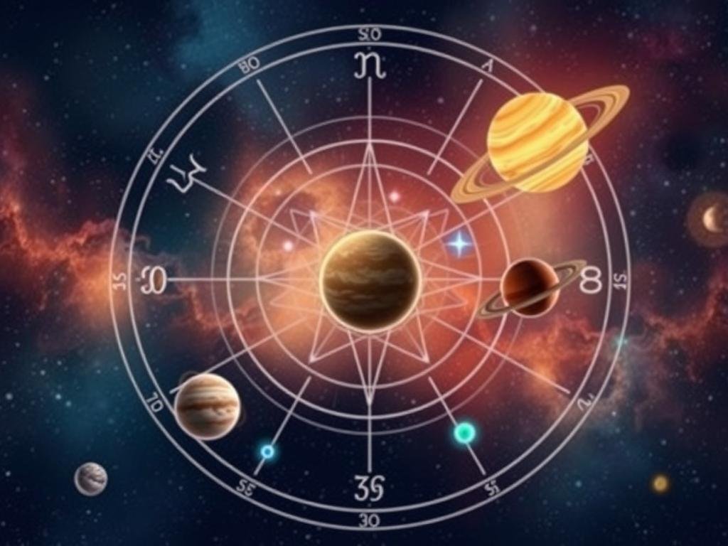 Trânsitos planetários que influenciam o horoscopo mensal com linhas de aspecto entre planetas