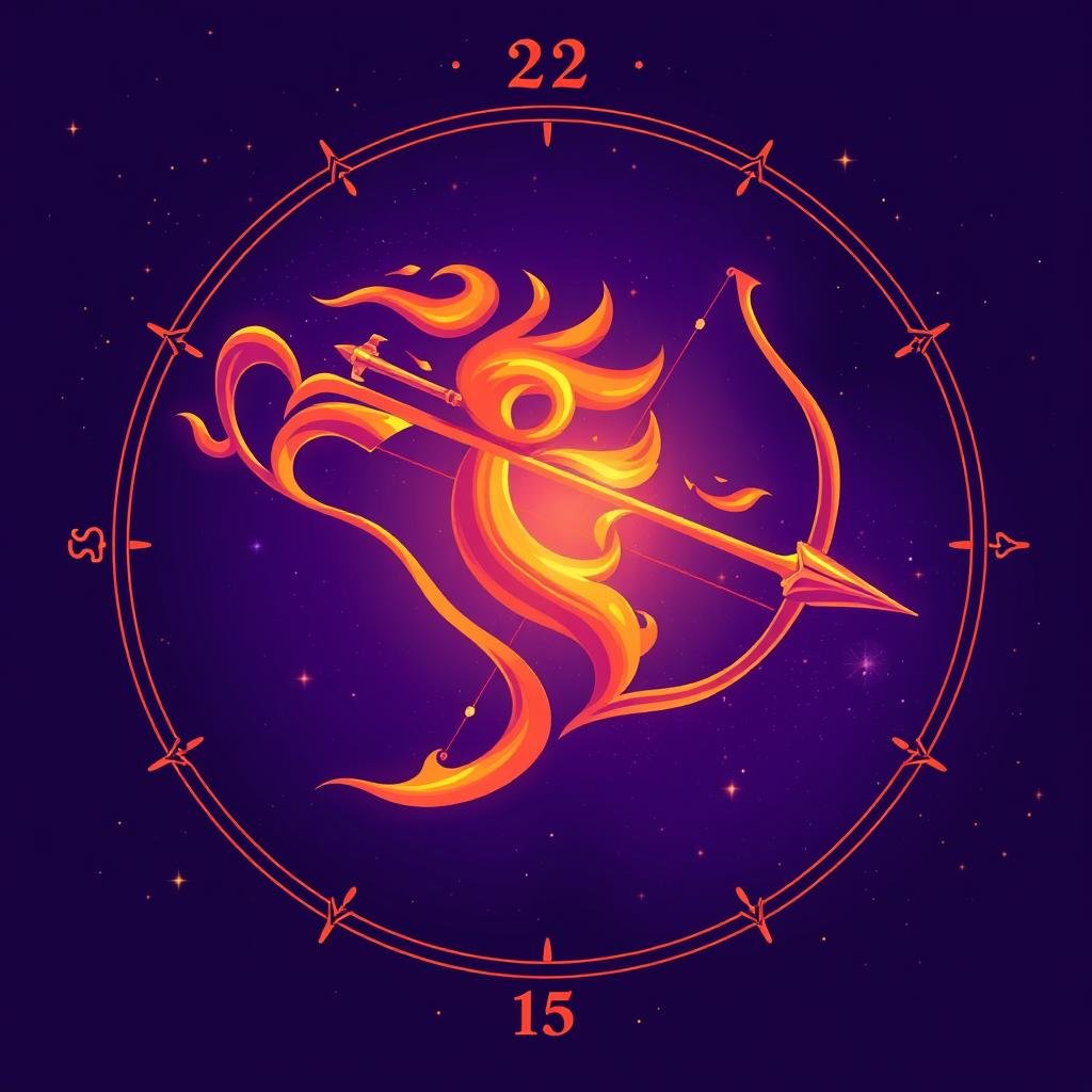 Símbolo de Sagitário com elementos que representam o horóscopo da semana para este signo