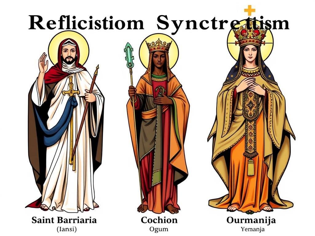 Representação do sincretismo religioso com santos católicos e orixás correspondentes