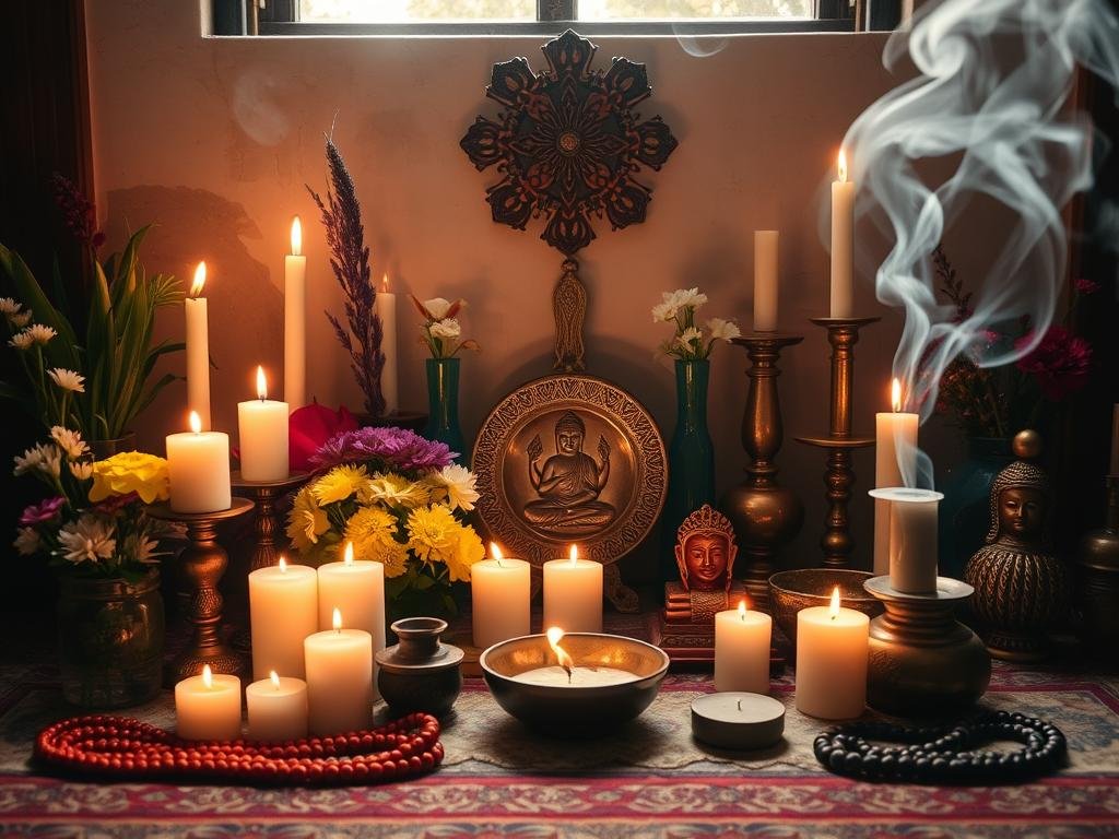 Altar com elementos sagrados para prática devocional