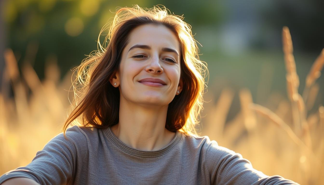Pessoa em momento de paz e plenitude após práticas de autocuidado