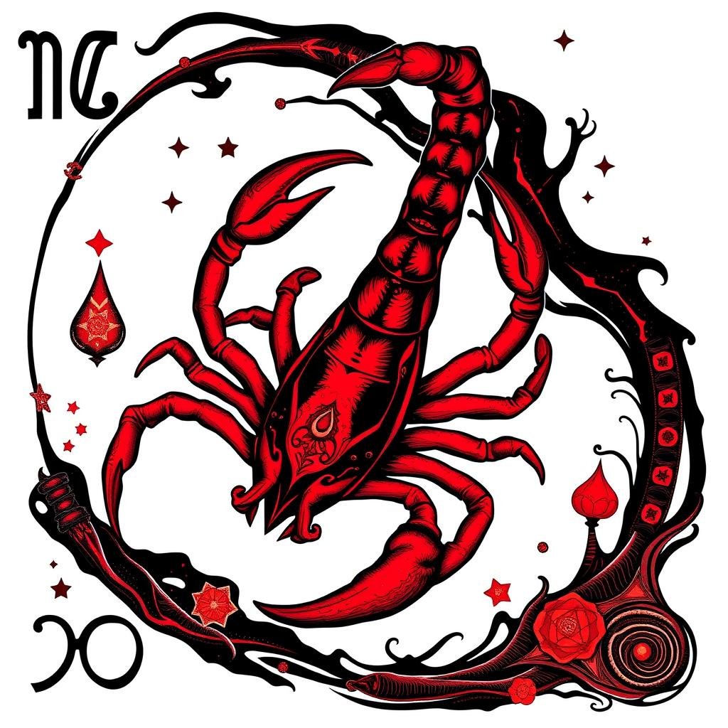 Símbolo de Escorpião com elementos que representam o horoscopo mensal para este signo