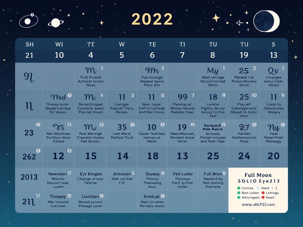 Calendário astrológico mensal com eventos importantes e trânsitos planetários
