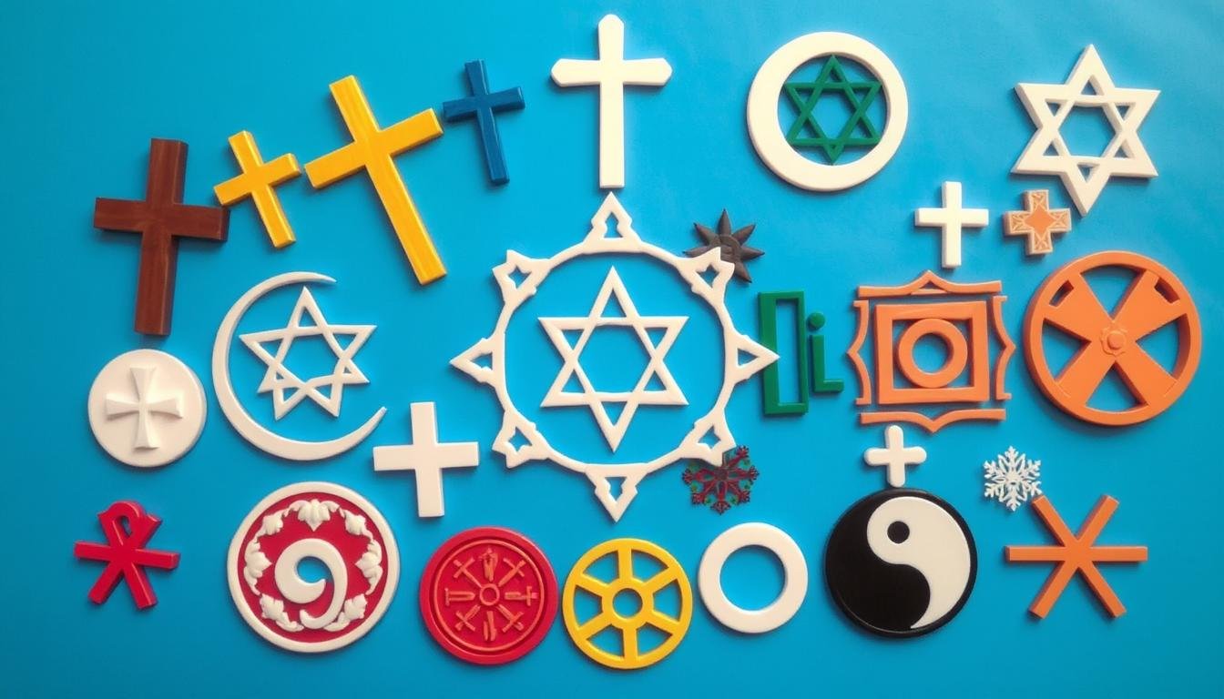 Diversos símbolos religiosos representando as principais religiões do mundo