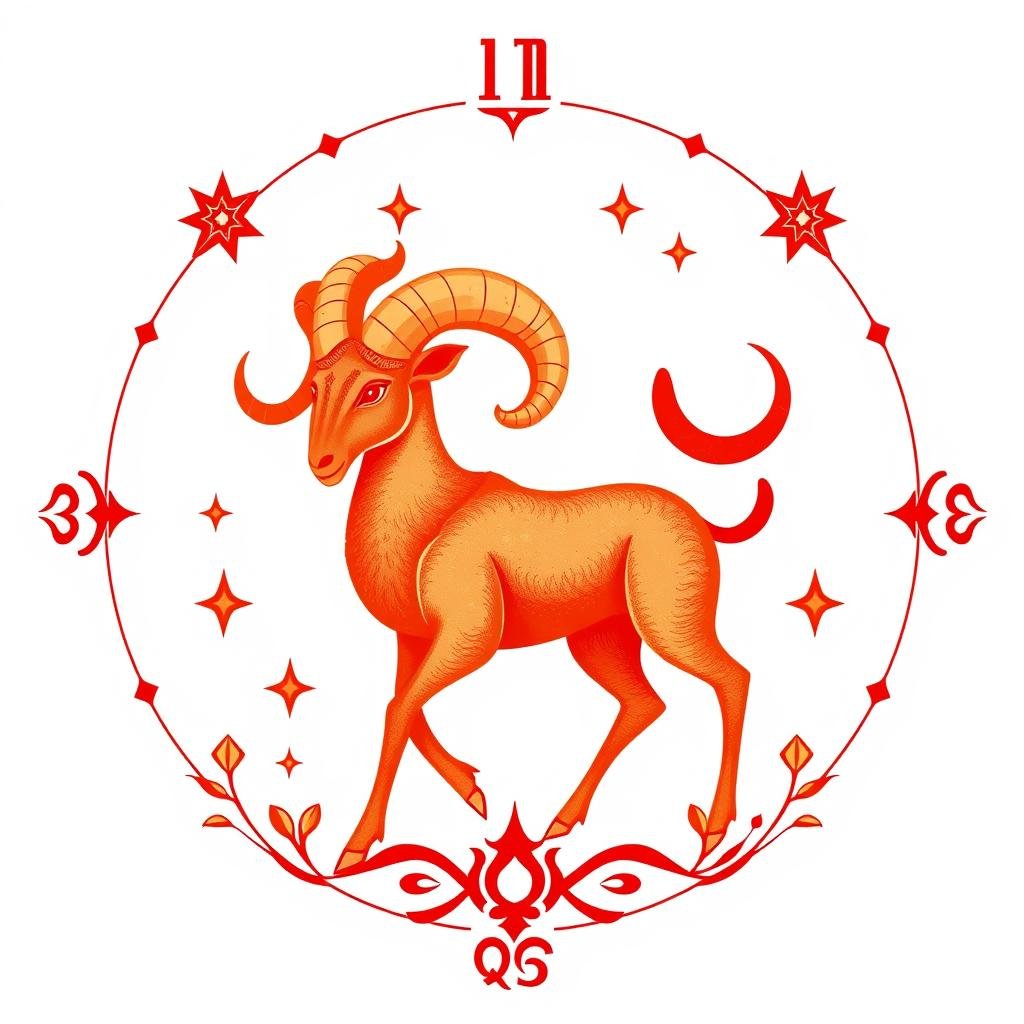 Símbolo de Áries com elementos que representam o horoscopo mensal para este signo