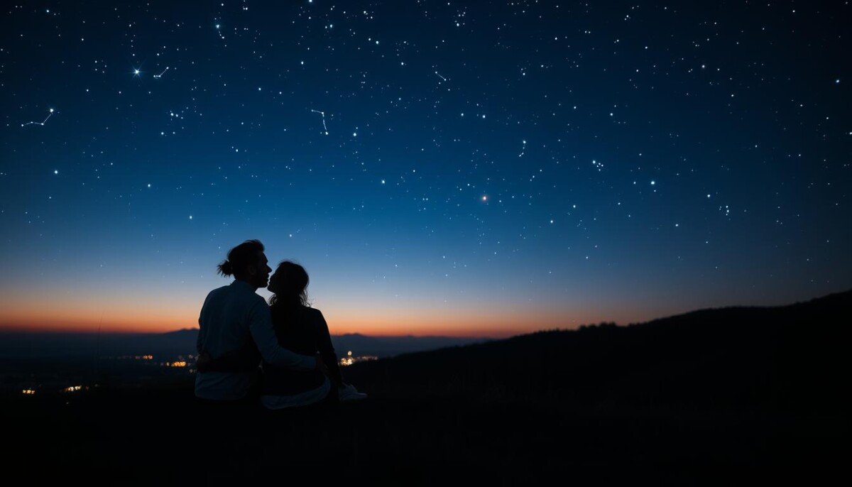 Casal observando as estrelas representando a influência do Horóscopo do Amor em relacionamentos