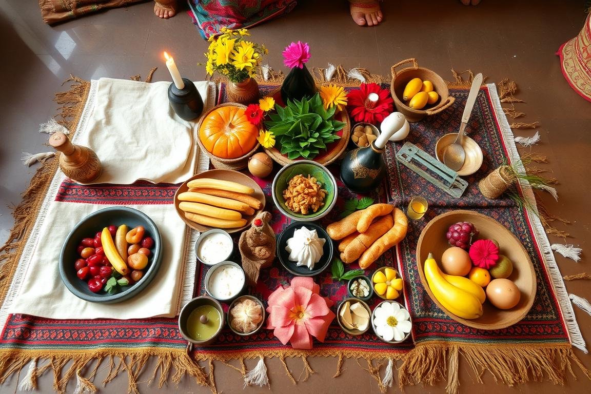 festa de Oxóssi Oferendas rituais com alimentos, flores e objetos sagrados para divindades africanas