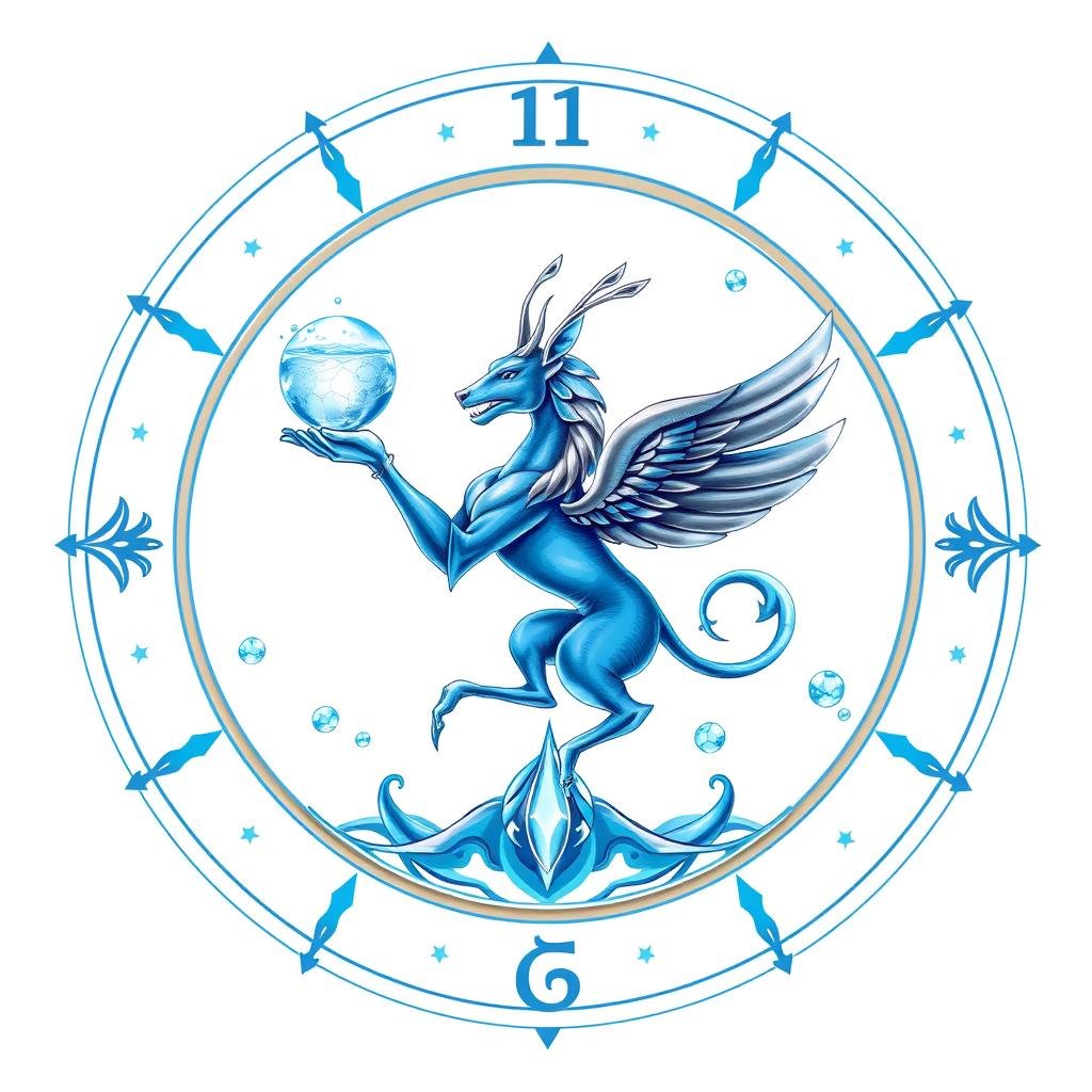 Símbolo de Aquário com elementos que representam o horoscopo mensal para este signo
