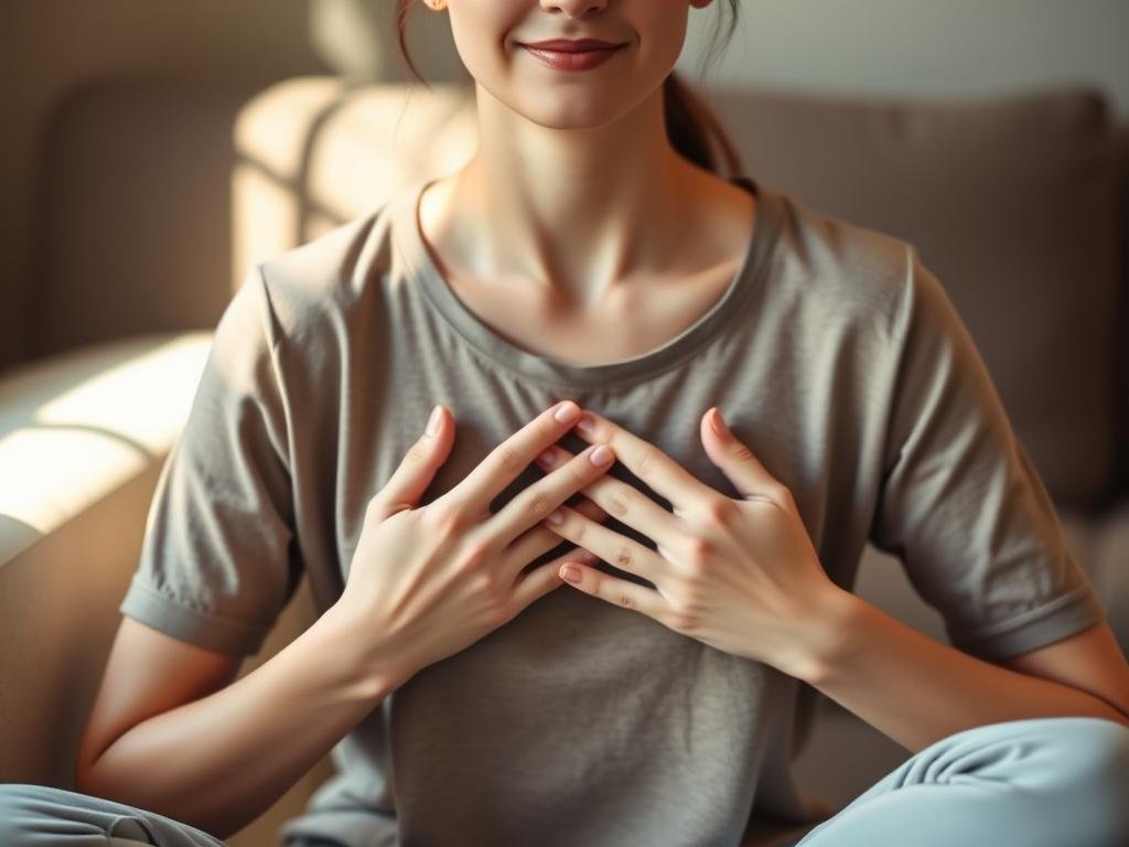 Pessoa praticando meditação de compaixão com mãos sobre o coração