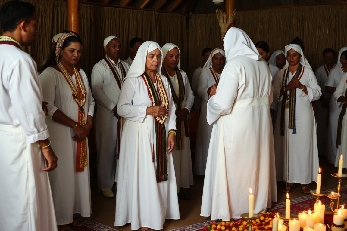 Gira de umbanda com médiuns e entidades espirituais incorporadas
