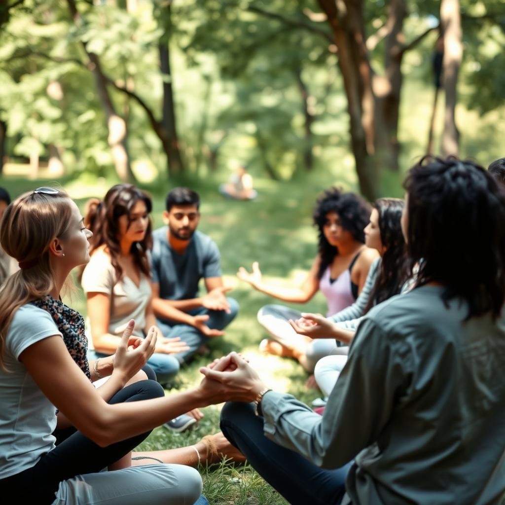 Círculo de pessoas em comunhão espiritual ao ar livre