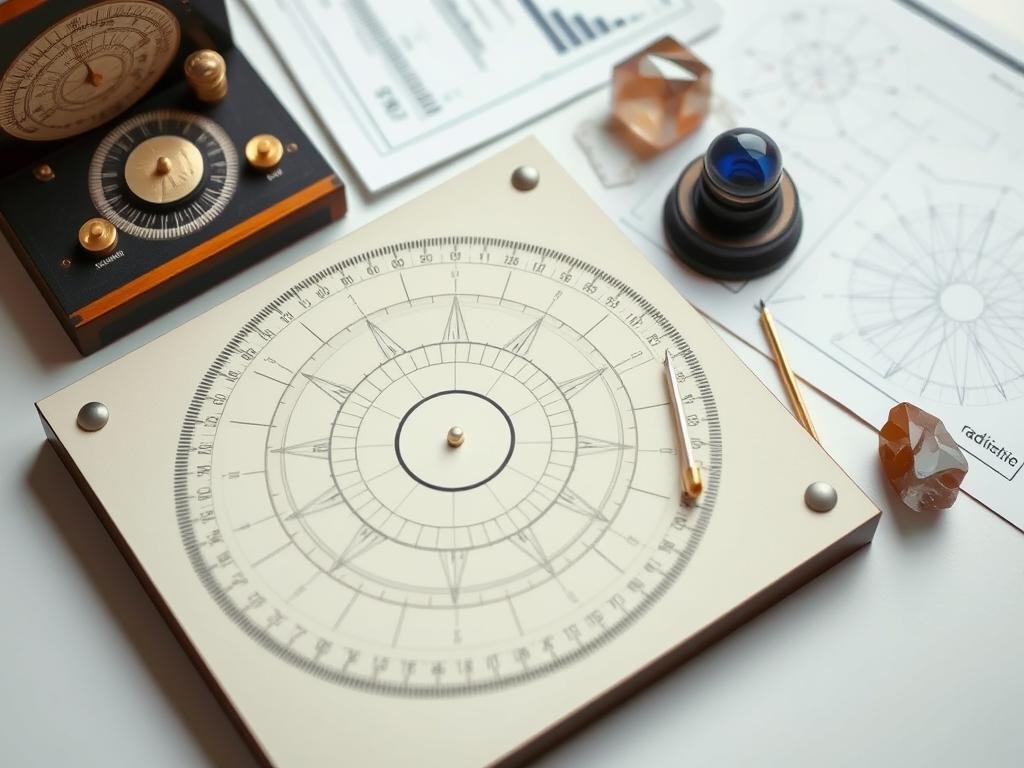 Mesa radiônica com pêndulo e gráficos para análise energética