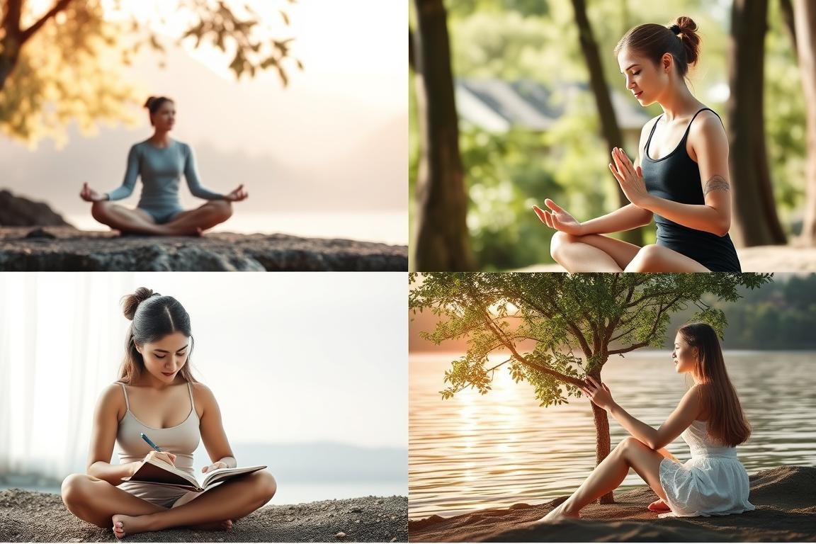 Colagem de diversas práticas espirituais: meditação, yoga, escrita reflexiva e conexão com a natureza