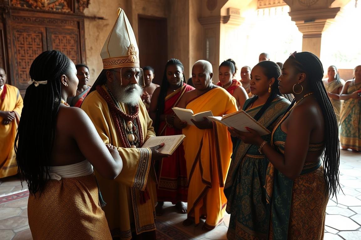 Cerimônia de iniciação em religião afrodescendente com transmissão de conhecimentos orais