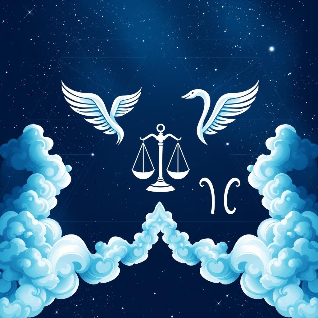 Elemento Ar e sua influência no horoscopo mensal com símbolos de Gêmeos, Libra e Aquário