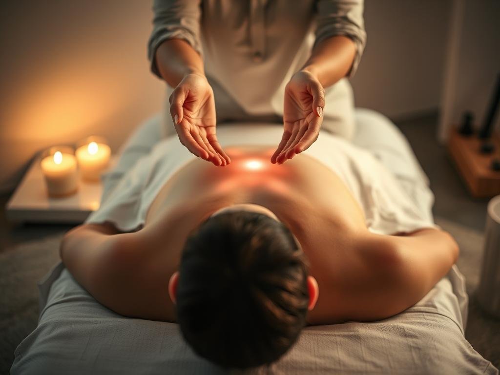 Sessão de Reiki com as mãos do terapeuta canalizando energia