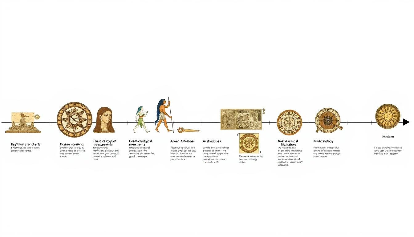 Linha do tempo mostrando a evolução da astrologia através das diferentes civilizações