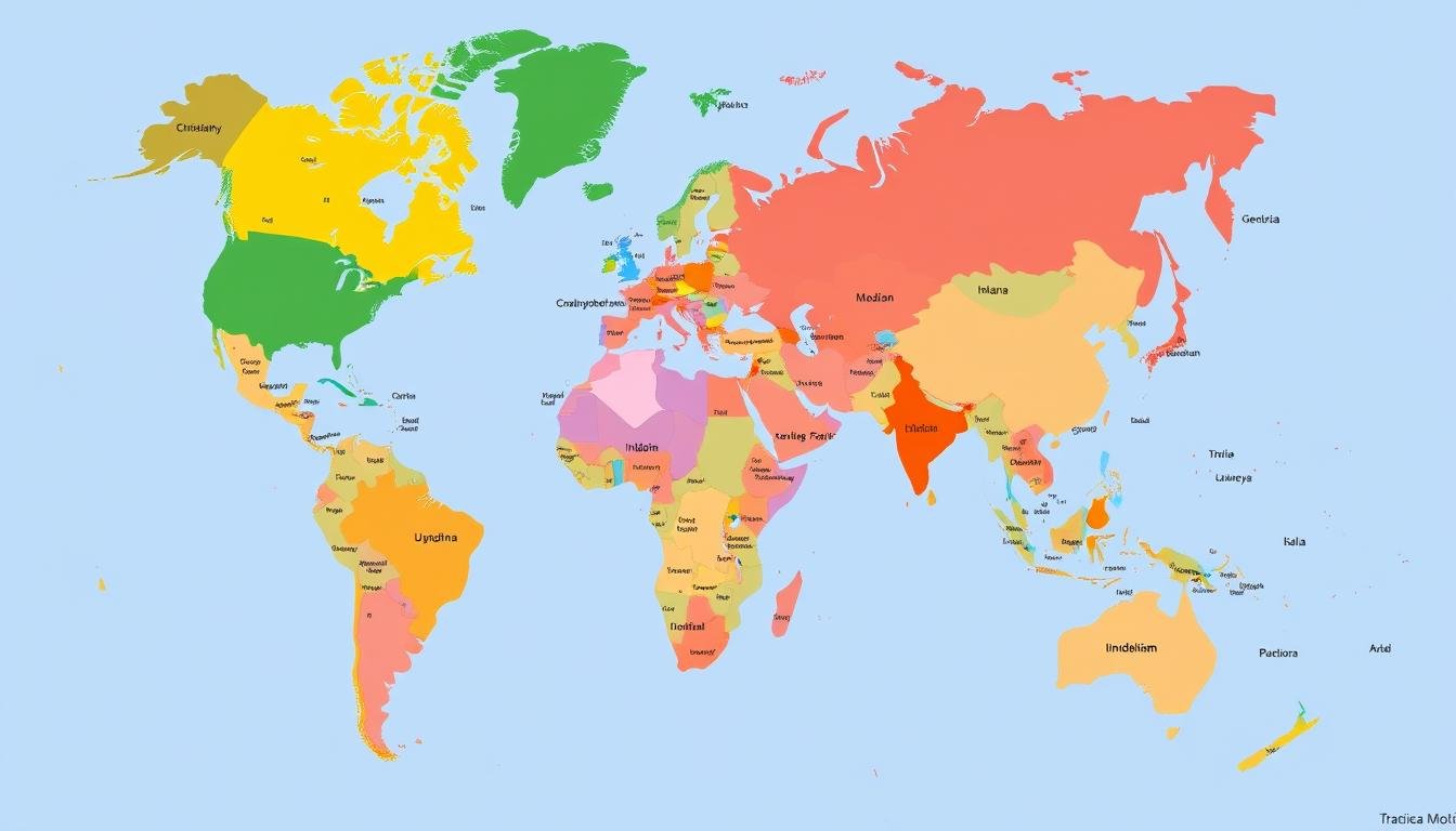 Mapa mundial mostrando a distribuição geográfica das principais religiões