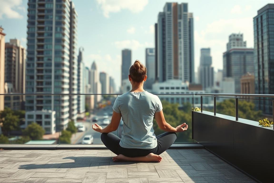 Pessoa praticando meditação em ambiente urbano moderno