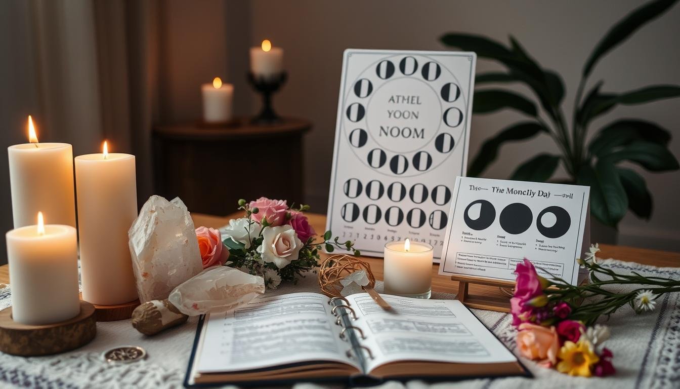 Ritual de lua nova com velas, cristais e elementos relacionados ao horoscopo mensal