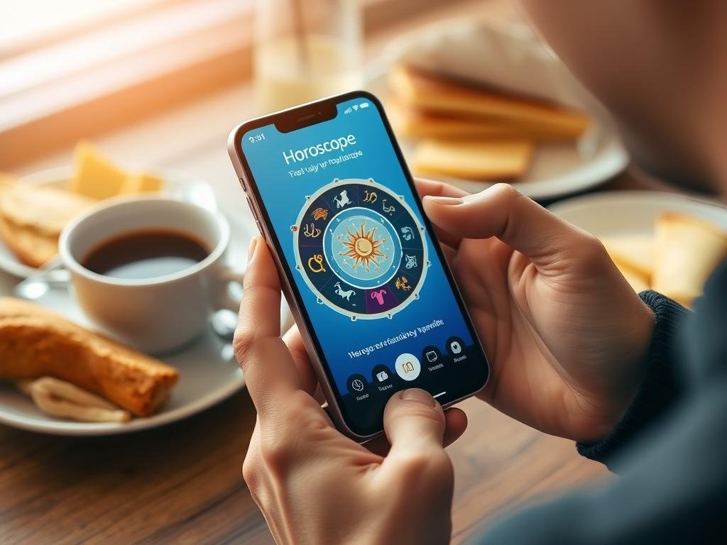 Pessoa consultando horóscopo diário em um smartphone durante o café da manhã