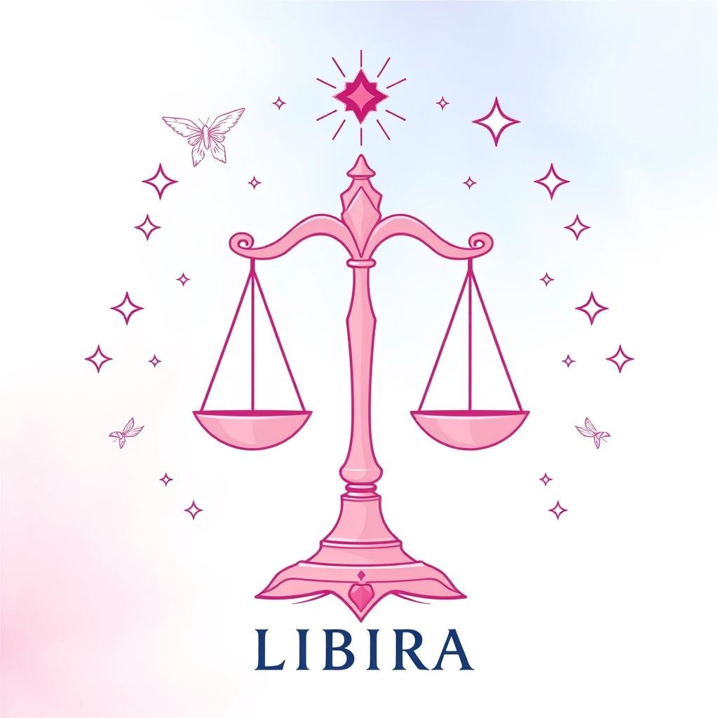 Símbolo de Libra com elementos que representam o horoscopo mensal para este signo