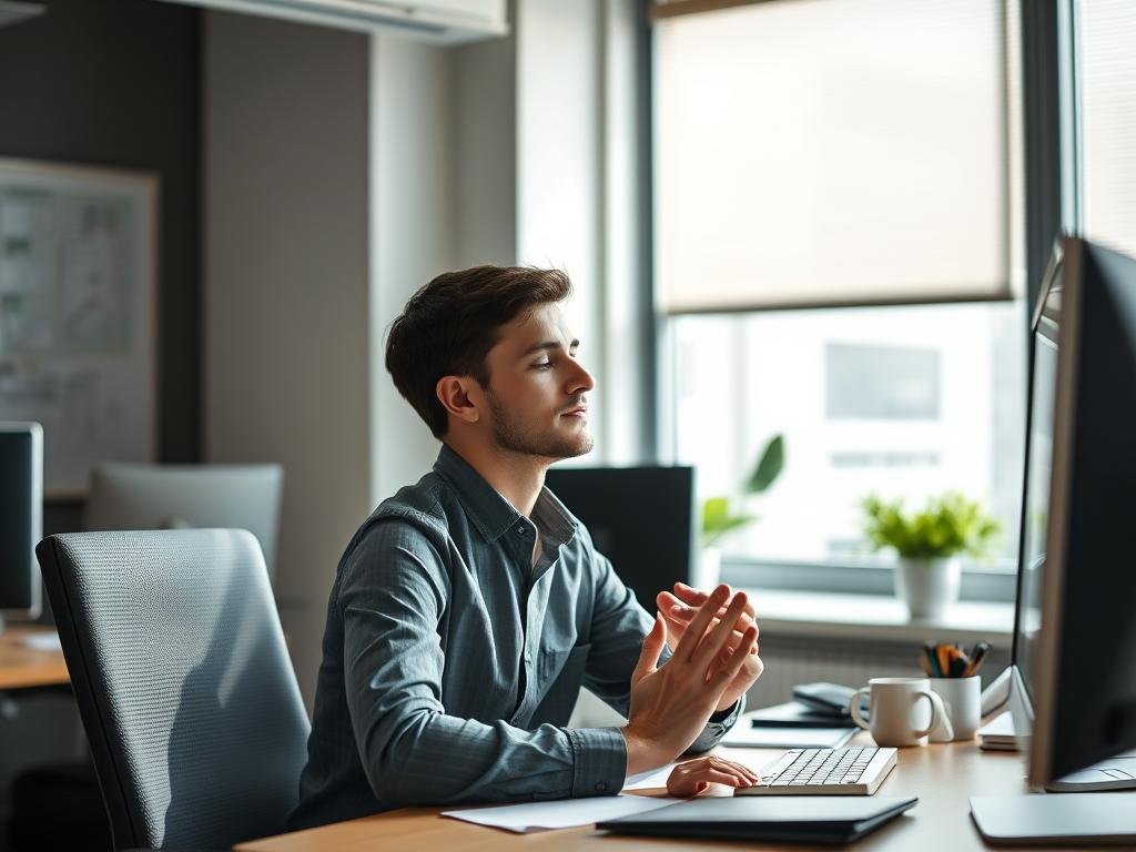 Pessoa realizando micro-pausa consciente durante atividade de trabalho