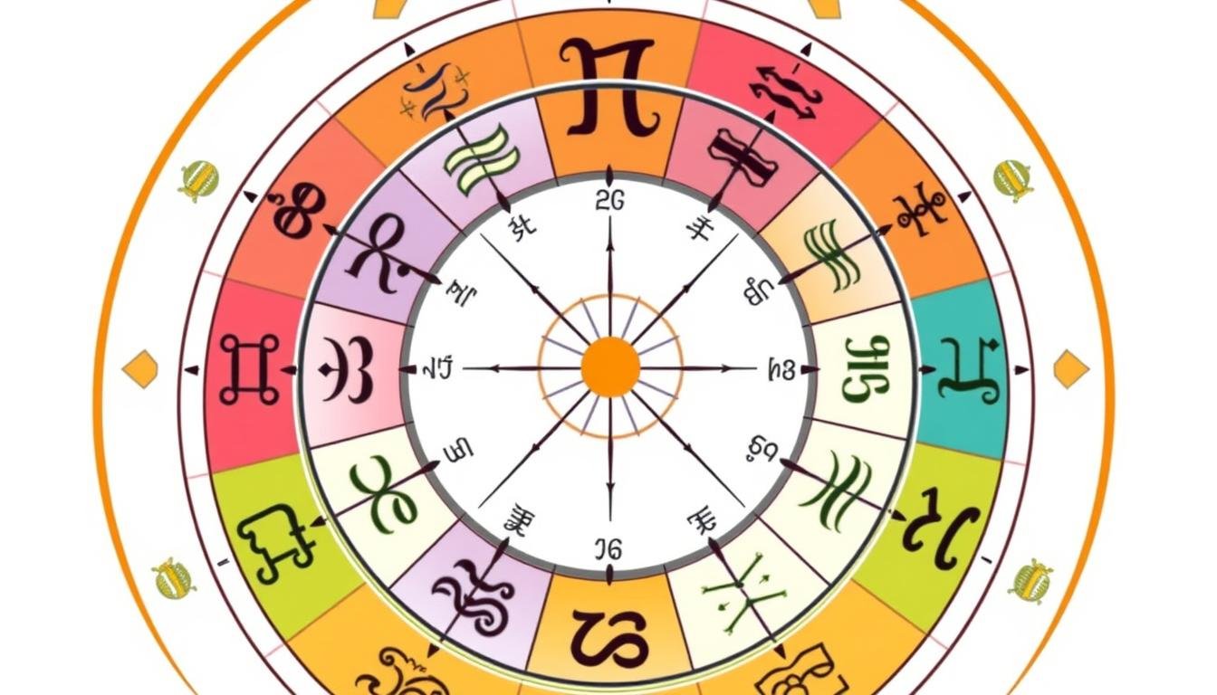 Mapa visual dos doze signos do zodíaco com seus símbolos e elementos correspondentes