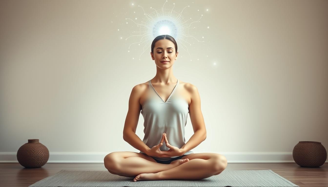 Pessoa meditando em posição de lótus com visualização de energia fluindo entre mente e corpo