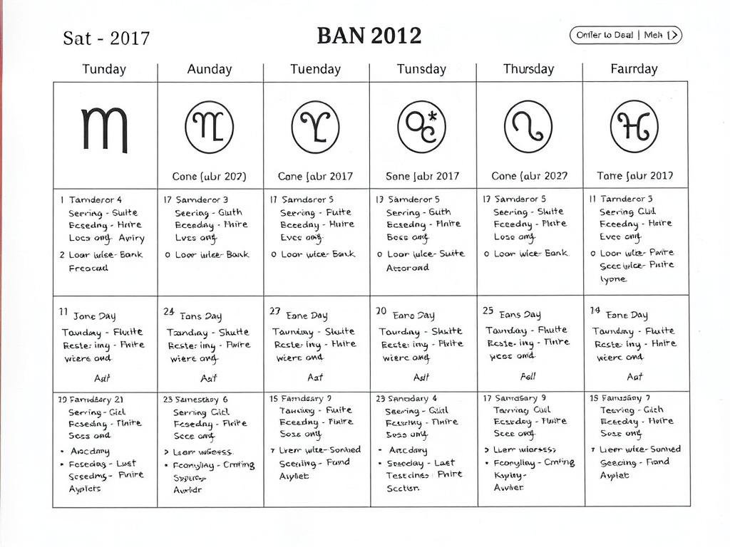 Calendário semanal com símbolos astrológicos marcando diferentes dias da semana