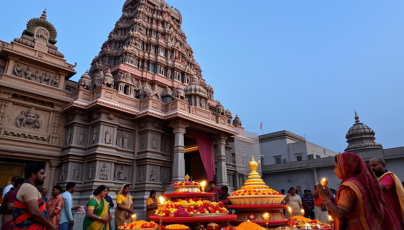 Templo hindu ornamentado com esculturas de divindades e devotos em ritual