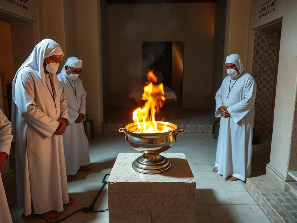Templo do fogo zoroastrista com sacerdotes mantendo a chama sagrada eterna