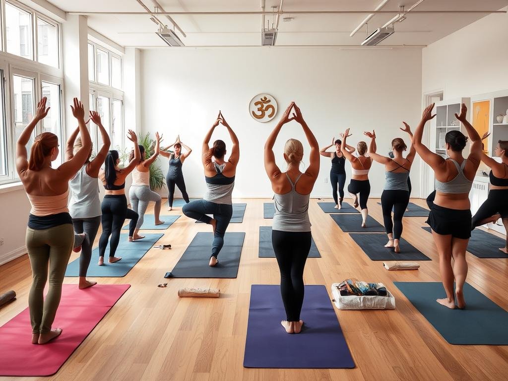 Aula de yoga contemporânea em estúdio ocidental com diversas posturas