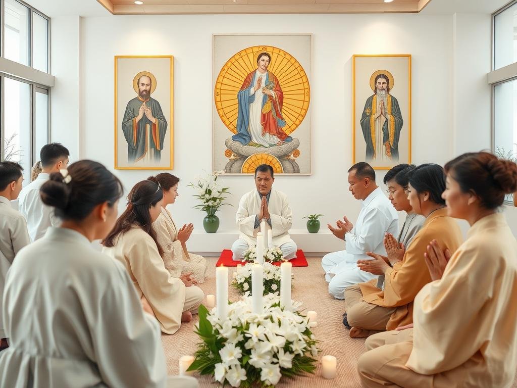 Cerimônia da Seicho-no-Ie com elementos sincréticos e foco na cura espiritual