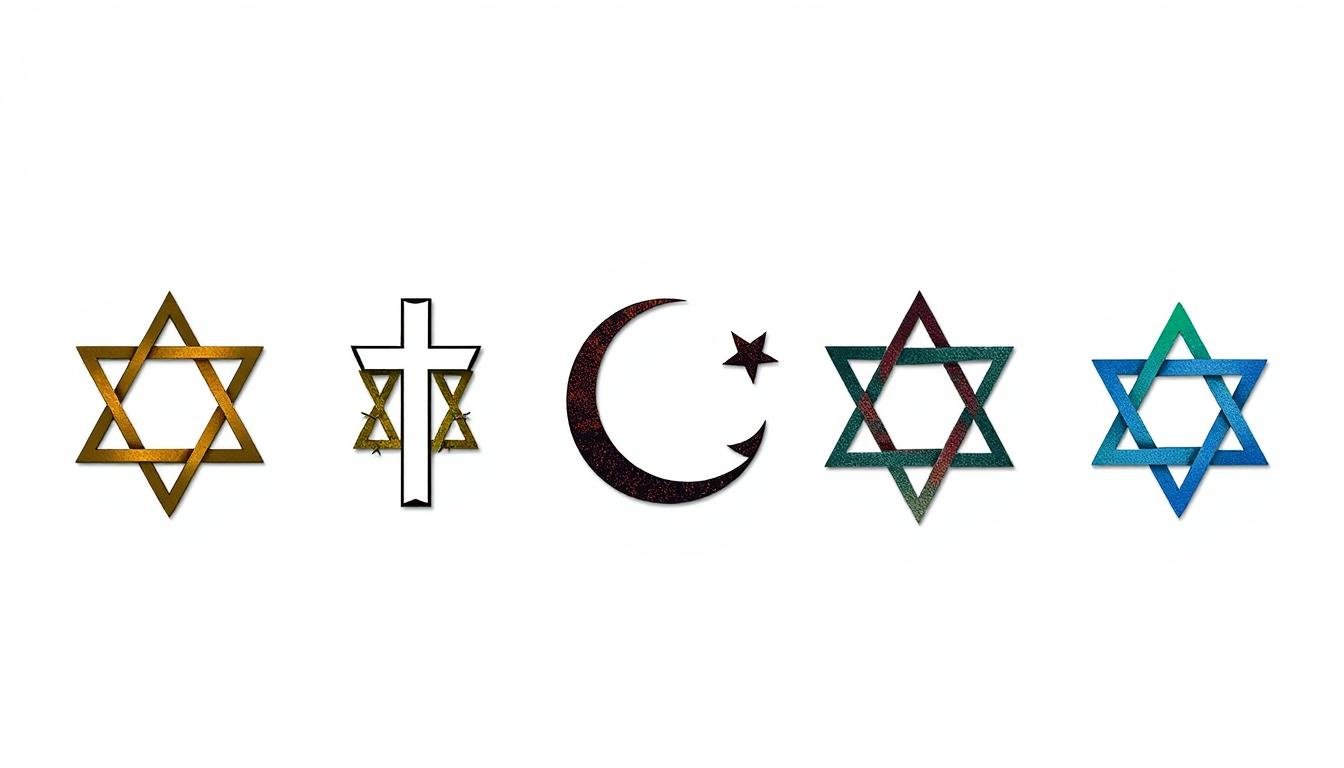 Símbolos das cinco religiões abraâmicas lado a lado, representando sua diversidade e conexão