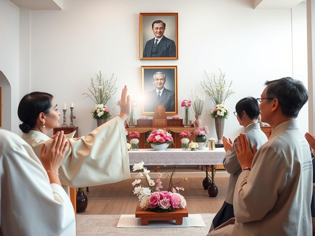 Cerimônia de Johrei na Igreja Messiânica com canalização de energia e arranjos florais