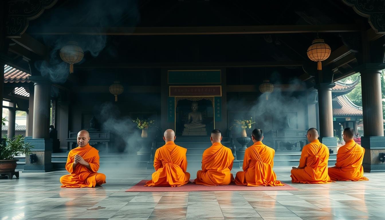 Templo budista com monges em meditação representando as tradições espirituais orientais